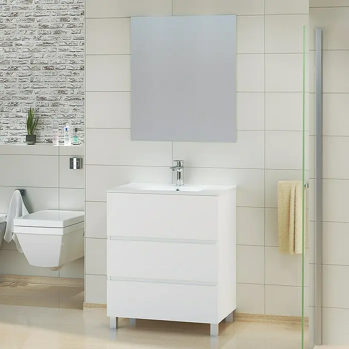 Artysan Mueble de lavabo Patri - 46 x 70 x 85 cm, Blanco mate - Elegante conjunto de baño con mueble de lavabo blanco, espejo moderno y WC suspendido para un ambiente elegante.