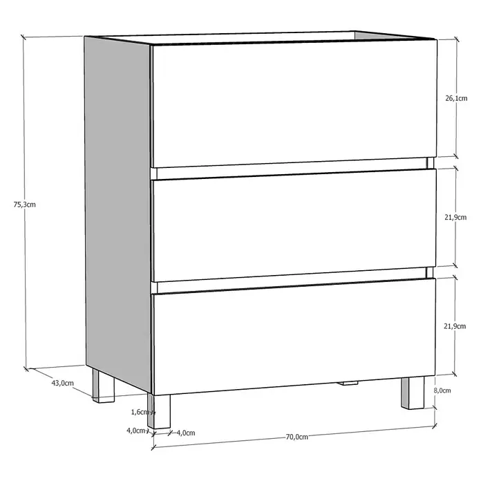 Artysan Mueble de lavabo Patri - 46 x 70 x 85 cm, Blanco mate - Presentación del producto de una cómoda con tres cajones de diseño sencillo, incluyendo las dimensiones.