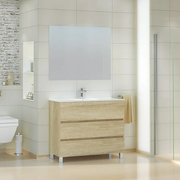 Conjunto de mueble de baño Patri - Ancho: 100 cm, Ancho total del mueble de baño: 100 cm, Nature, 3 pzs. - Un mueble de baño con tres cajones con acabado de madera clara y un elegante lavabo sobre encimera blanco debajo de un espejo.