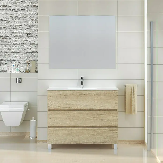 Artysan Mueble bajo de lavabo Patri - L x An x Al: 46 x 100 x 85 cm, Nature - Baño moderno con mueble bajo lavabo claro y espejo grande. El diseño es sencillo y los colores armonizan bien.