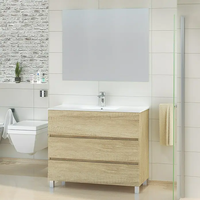 Artysan Mueble bajo de lavabo Patri - L x An x Al: 46 x 100 x 85 cm, Nature - Baño con mueble de lavabo de madera clara con tres cajones y un gran espejo sobre el lavabo.