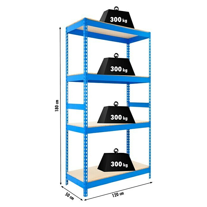 Regalux Estantería para cargas pesadas XXL (L x An x Al: 50 x 120 x 180 cm, Capacidad de carga: 300 kg/balda, Número de baldas: 4 ud., Inserción, Azul)