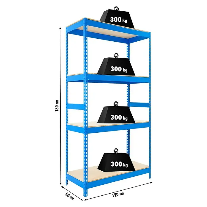 Regalux Estantería para cargas pesadas XXL - Al x An x Pr: 180 x 120 x 50 cm, Número de baldas: 4 ud., Inserción, Azul - Imagen de una estantería resistente azul con cuatro estantes, cada uno cargado con un peso de 300 kg.