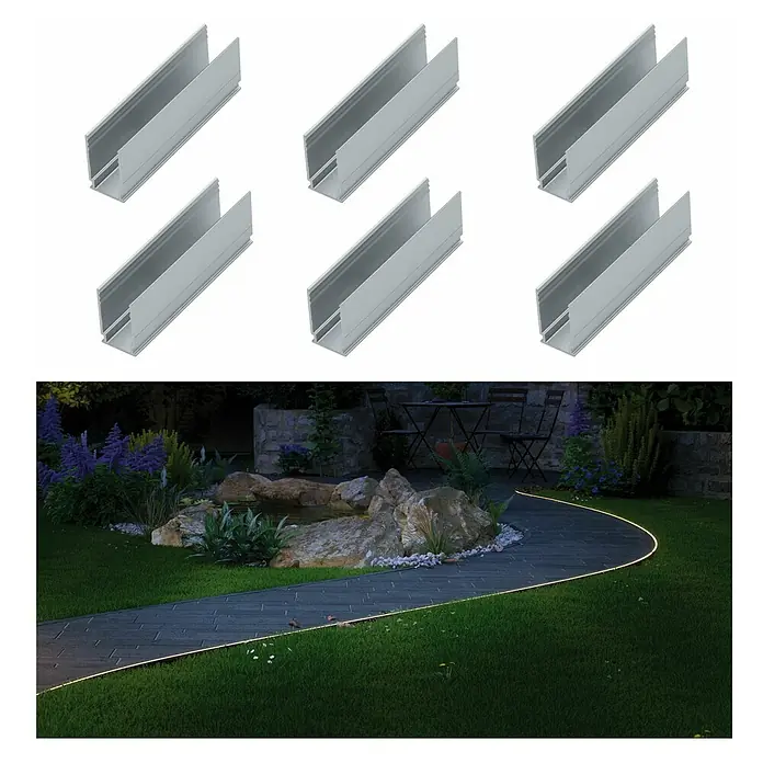 Paulmann Plug & Shine Profil Montage-Clip - Aluminium, Passend für: Paulmann Plug & Shine LED-Band - Bild von sechs Aluminiumprofilen für LED-Streifen, die im Garten zur Beleuchtung von Wegen verwendet werden können.