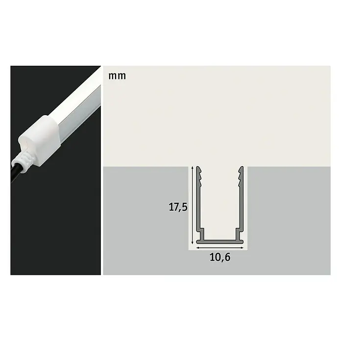 Paulmann Plug & Shine Montageschiene für Neon Stripe - Länge: 1 m - Produktdarstellung: LED-Leuchte mit U-förmigem Profil zur Einlassmontage, Maße 17,5 x 10,6 mm, ideal für moderne Beleuchtungskonzepte.