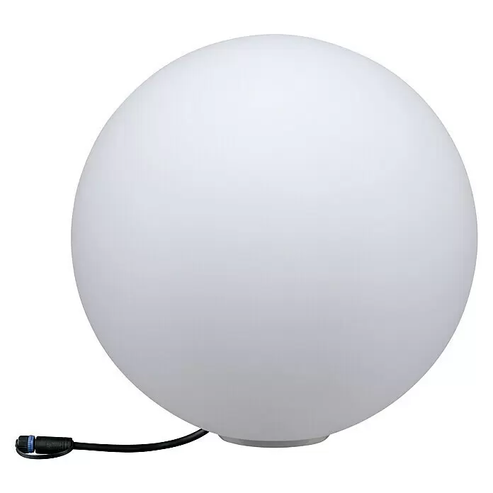 Paulmann Plug & Shine LED-Außenleuchte - Durchmesser: 40 cm, 1-fach, Warmweiß, IP67 - Weiße kugelförmige Außenlampe mit schwarzem Stromkabel und Stecker.