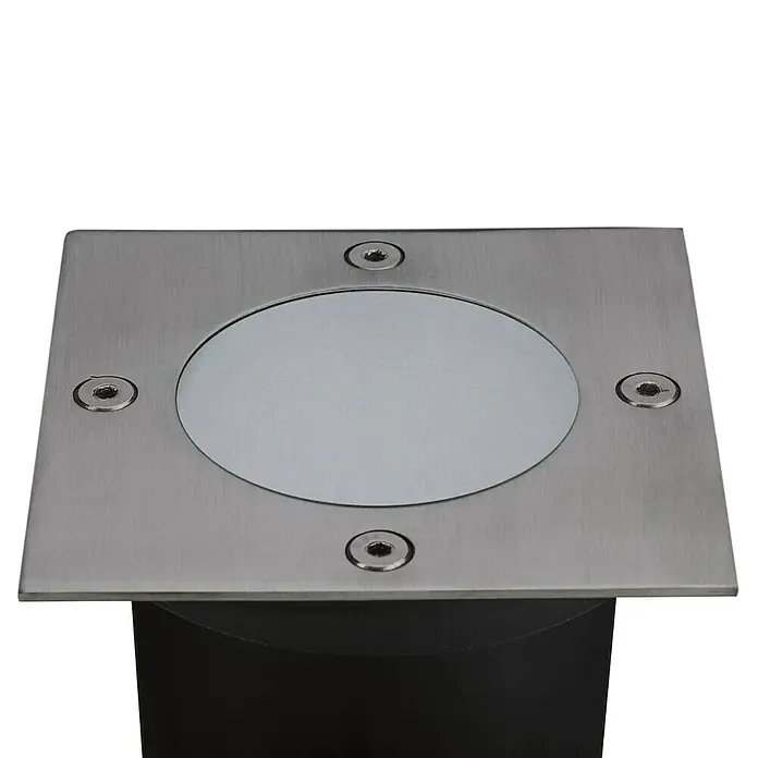 Paulmann Plug & Shine Bodeneinbauleuchte - 3,6 W, Warmweiß, IP65, Quadratisch - Detailaufnahme einer quadratischen Bodeneinbauleuchte mit Edelstahlabdeckung und eingelassener runder Lichtfläche.