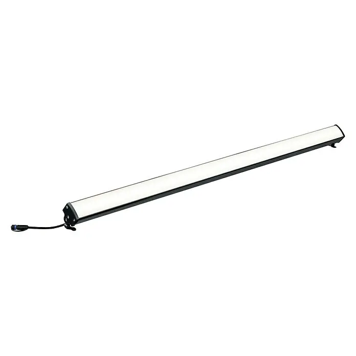 Paulmann Plug & Shine Aplique para exterior LED - 8 W, Blanco cálido, IP67, L x An x Al: 85,6 x 5,2 x 5,8 cm - Una elegante barra de luz LED con una tira de luz brillante y una carcasa negra sobre un fondo oscuro. Ideal para soluciones de iluminación.