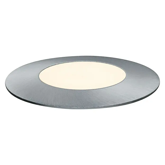Paulmann Plug & Shine Foco LED de jardín - 2,5 W, 24 V, IP65 - Toma de un foco LED empotrable, mostrando un acabado de metal cepillado que emite un brillo cálido y acogedor. Perfecto para interiores modernos.