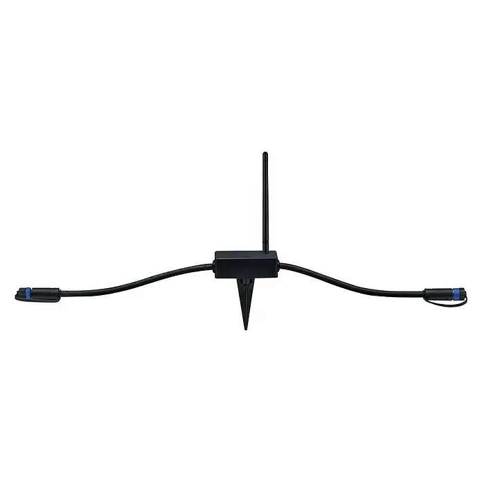 Paulmann Plug & Shine Controlador - Potencia máx.: 75 W - Primer plano de un divisor de cable de iluminación negro en forma de T con dos cables que conducen a conectores azules y una antena.