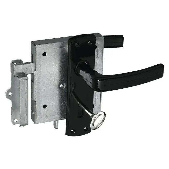 Abus Aufschraub-Riegelschloss ASS HF BB - Schwarz, Passend für: Buntbartschloss - Nahaufnahme eines Türschlosses mit Schlüssel und schwarzem Griff, das die Funktionalität und das Design des Sicherheitssystems hervorhebt.