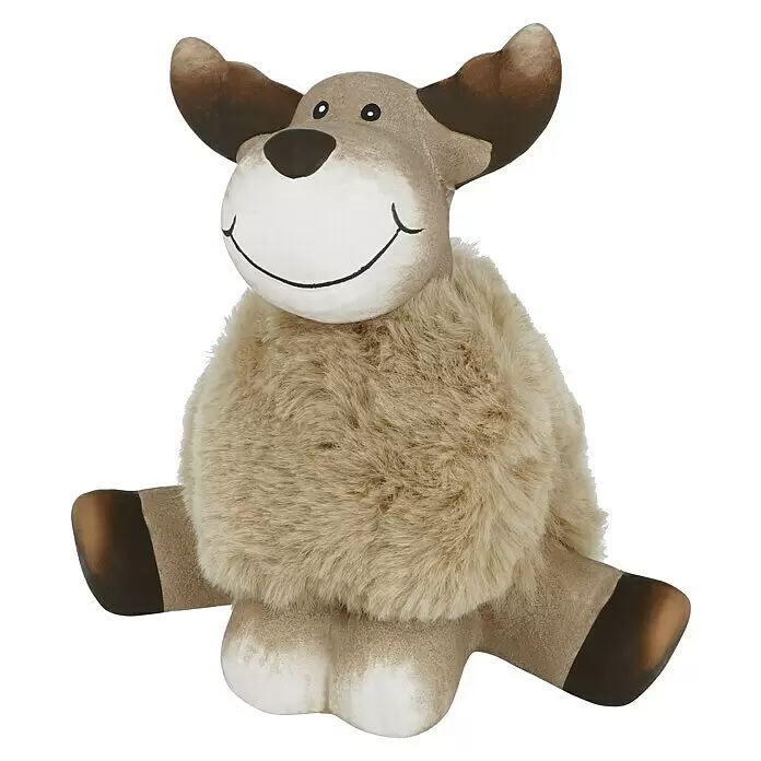 Dekofigur Elch mit Fell - L x B x H: 10 x 7,5 x 14 cm, Polyester - Braunes und beiges Plüsch-Rentierspielzeug mit Kunstfellkörper.