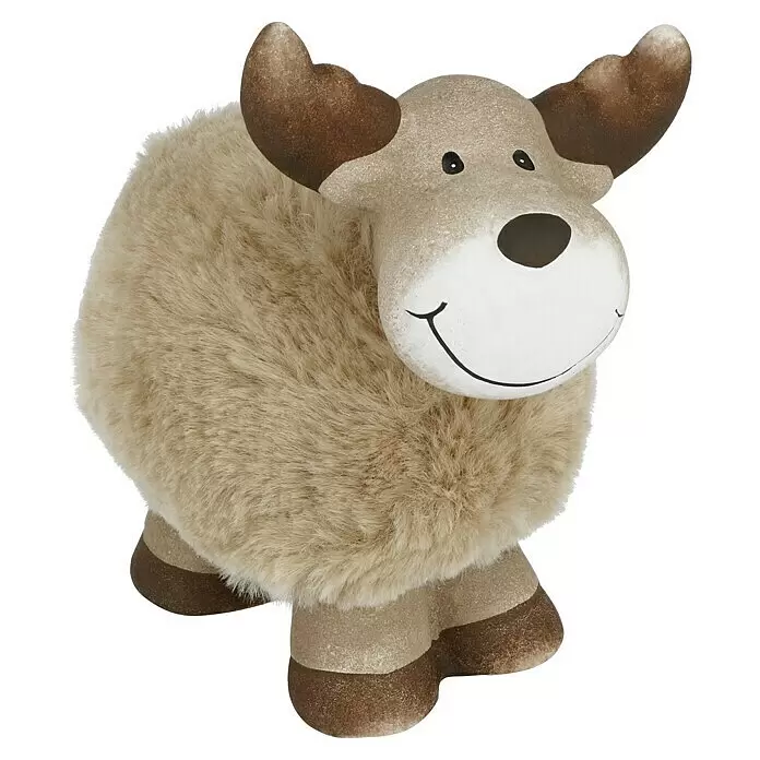 Dekofigur Elch mit Fell - L x B x H: 10 x 7,5 x 14 cm, Polyester - Plüschige beige Elch-/Rentierfigur mit braunem Geweih und Beinen, mit weißem, lächelndem Gesicht.
