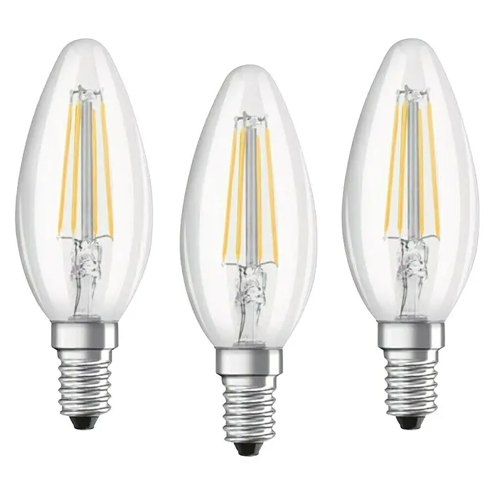 Osram Star LED-Lampen Set Kerzenform E14 matt - E14, Nicht Dimmbar, Warmweiß, 470 lm, 4 W, Klar, 3 Stk. - Drei LED-Glühbirnen in Kerzenform mit klarem Glas und warmweißem Licht für eine gemütliche Atmosphäre.