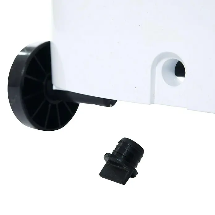 Purline Rafy Climatizador evaporativo 125 - Blanco, Altura: 124 cm, 200 W - Primer plano de una nevera con una rueda y un tapón negro separado, que destaca los componentes de movilidad y estabilidad.
