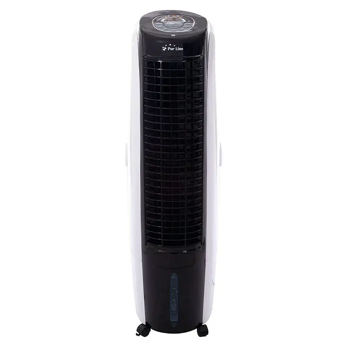 Purline Rafy Climatizador evaporativo 125 - Blanco, Altura: 124 cm, 200 W - Un elegante ventilador de torre Purline blanco con rejilla negra y controles, perfecto para refrescar el aire en cualquier espacio habitable.