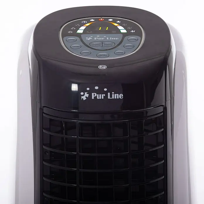 Purline Rafy Climatizador evaporativo 125 - Blanco, Altura: 124 cm, 200 W - Primer plano de un ventilador de torre Pur Line con varias funciones y controles en su panel superior.