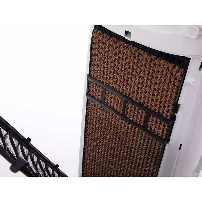 Purline Rafy Climatizador evaporativo 125 - Blanco, Altura: 124 cm, 200 W - Un primer plano de un enfriador evaporativo que revela un filtro marrón y una rejilla negra. También son visibles elementos blancos del dispositivo.