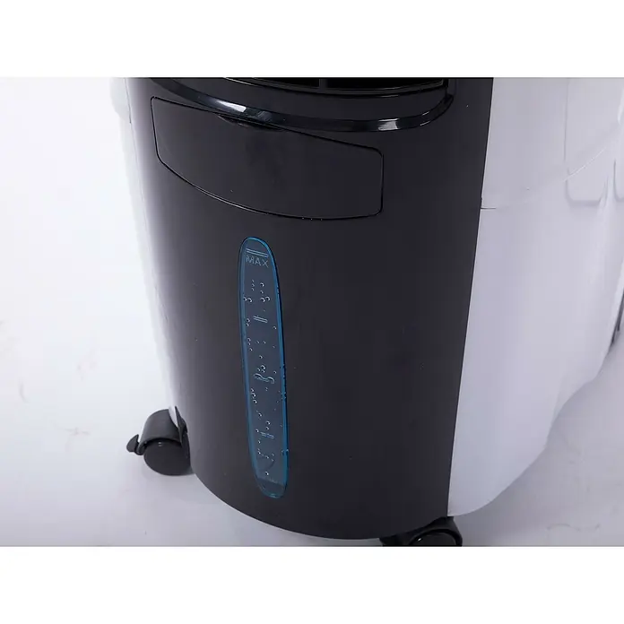Purline Rafy Climatizador evaporativo 125 - Blanco, Altura: 124 cm, 200 W - Primer plano de un aire acondicionado portátil con un tanque de agua negro marcado con "MAX" y ruedas pequeñas para facilitar la movilidad.