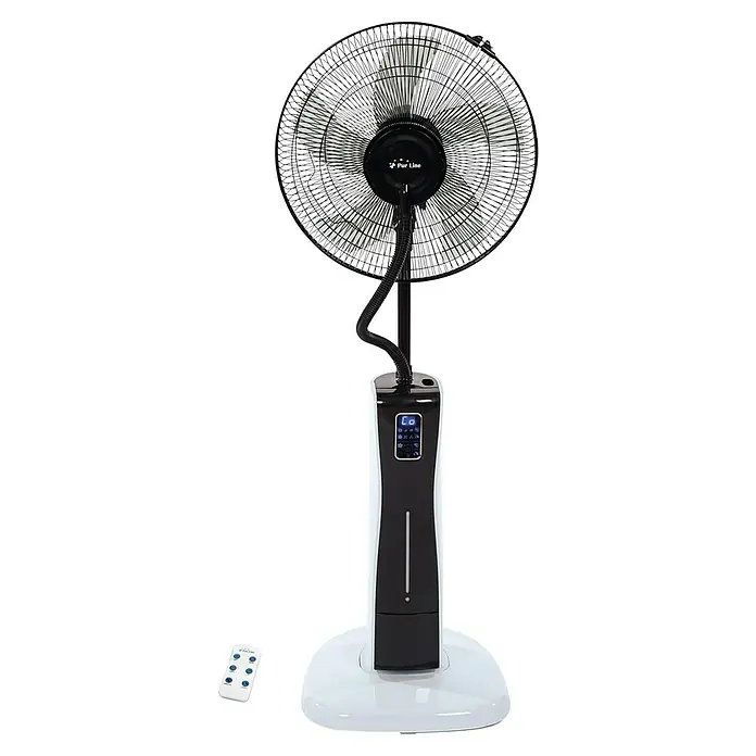 Purline Misty Ventilador de pie 2 - Blanco, Altura: 130 cm - Imagen de un ventilador de pie Purline con mando a distancia. El dispositivo es blanco y negro y tiene una pantalla digital.