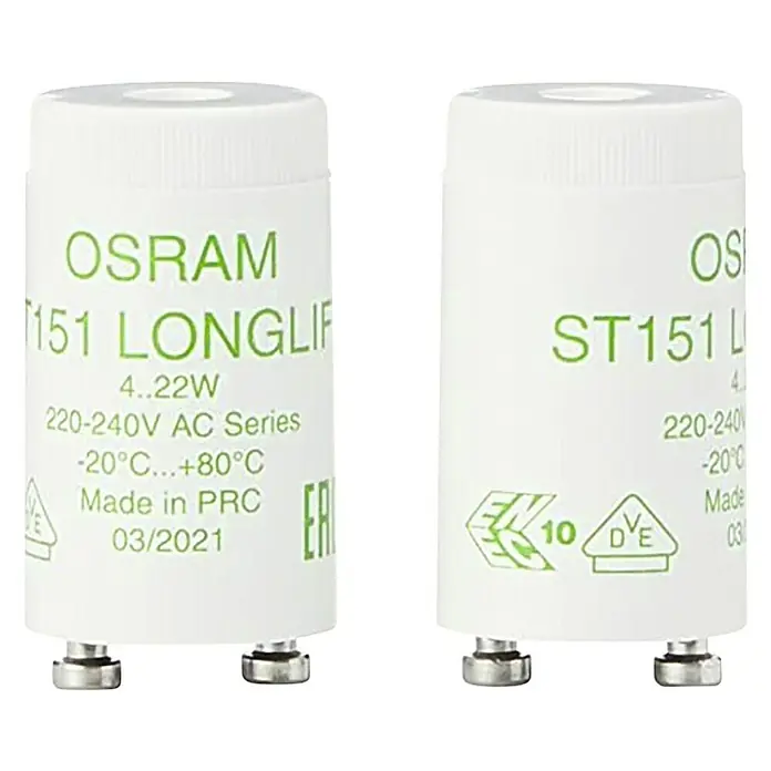 Osram Cebador - 2 ud., 4 W - 22 W - Dos arrancadores OSRAM ST151L para lámparas fluorescentes, con especificaciones técnicas como 4...22W, 220-240V y fecha de fabricación 03/2021.