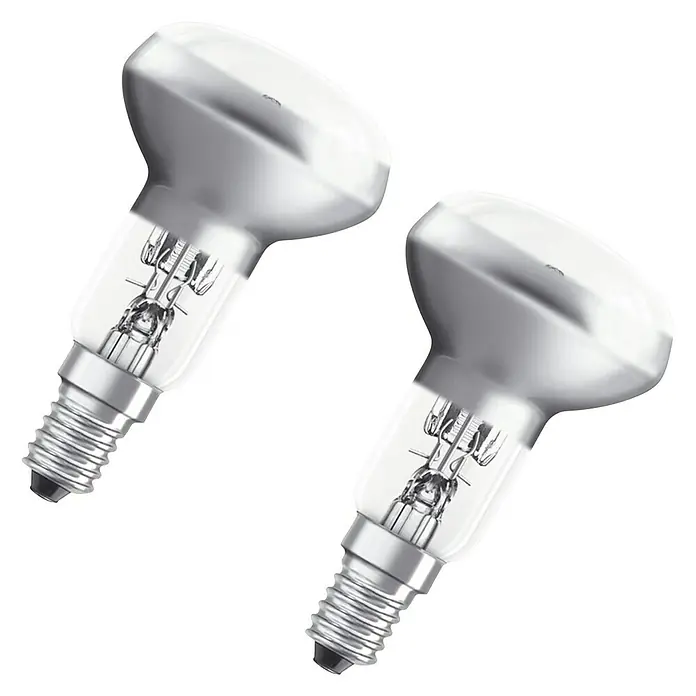 Osram Bombilla halógena incandescente Eco Pro Classic R50 - E14, 30 W, 230 V, Blanco cálido, 2 ud. - Dos lámparas reflectoras R50 con base E14 sobre un fondo negro, ideales para iluminación focalizada en interiores.