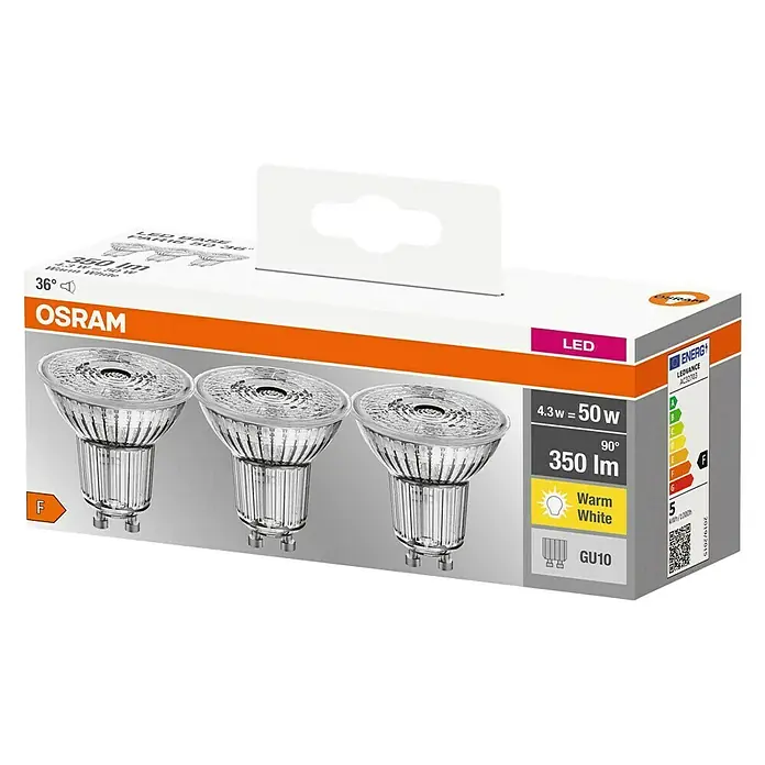 Osram Set de bombillas LED PAR16 - GU10, No regulable, Blanco cálido, 350 lm, 4,3 W, 3 ud. - Imagen del producto: Paquete de 3 bombillas LED OSRAM. Clase de eficiencia energética F, luz blanca cálida para un ambiente agradable.