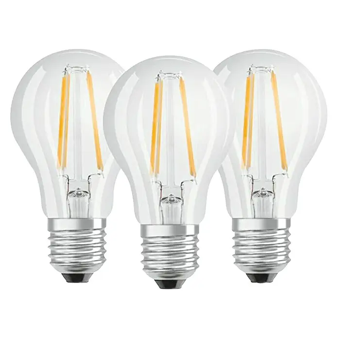 Osram Star LED-Lampen Set Glühlampenform E27 matt - E27, Nicht Dimmbar, Kaltweiß, 806 lm, 6,5 W, 3 Stk. - Nahaufnahme von drei klaren LED-Glühbirnen mit Glühfäden auf schwarzem Hintergrund.