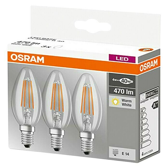 Osram Star LED-Leuchtmittel Classic B 40 (4 W, E14, Warmweiß, Klar, 3 Stk.)