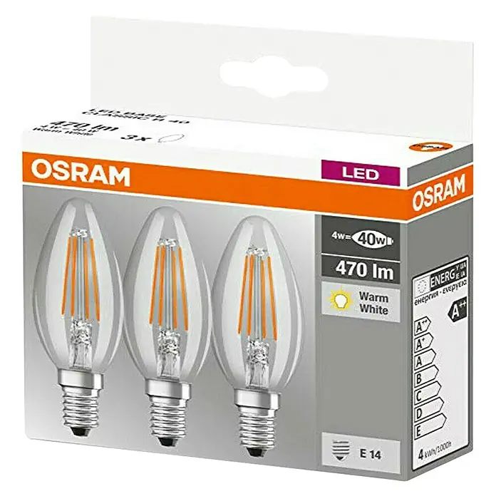 Osram Star LED-Lampen Set Kerzenform E14 matt - E14, Nicht Dimmbar, Warmweiß, 470 lm, 4 W, Klar, 3 Stk. - Abbildung einer Osram LED-Lampe in Kerzenform, ideal für stimmungsvolle Beleuchtung.