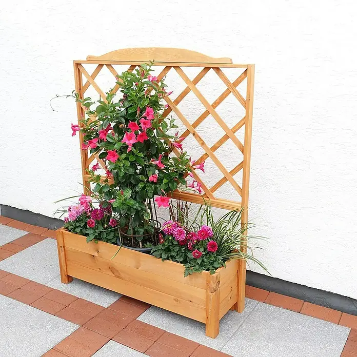Promadino Pflanzkasten - Außenmaß (L x B x H): 110 x 32 x 140 cm, Holz, Honigbraun - Ein rustikaler Pflanzkasten aus Holz mit Rankgitter, bepflanzt mit üppigen Mandevilla-Blüten und bunten Begleitpflanzen, ideal für Terrasse und Garten.
