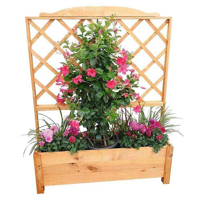 Promadino Pflanzkasten - Außenmaß (L x B x H): 110 x 32 x 140 cm, Holz, Honigbraun - Eine rustikale Holzkübel-Pflanzkombination mit Kletterpflanzen und farbenfrohen Blumen, ideal für Garten oder Terrasse.