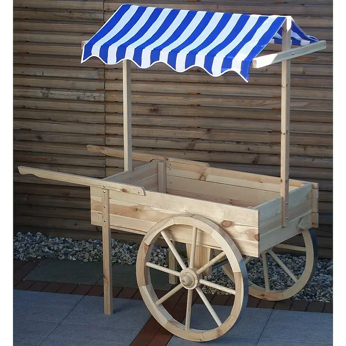 Promadino Dekoartikel Marktwagen mit Dach - L x B x H: 82 x 173 x 184 cm, Natur, Holz - Ein hölzerner Marktstandwagen mit blau-weiß gestreifter Markise. Ideal für Präsentationen oder als dekoratives Element im Garten.