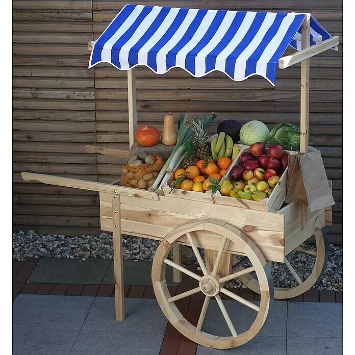 Promadino Dekoartikel Marktwagen mit Dach - L x B x H: 82 x 173 x 184 cm, Natur, Holz - Anwendungsbeispiel