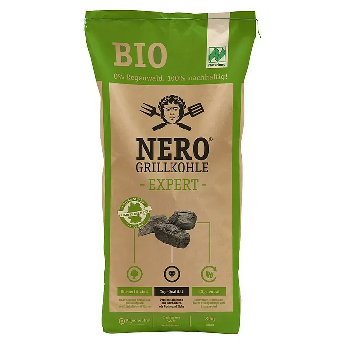 Nero Grillkohle - 8 kg - Bild einer Packung NERO Grillkohle Expert, Bio-zertifiziert, hergestellt in Deutschland aus Harthölzern.