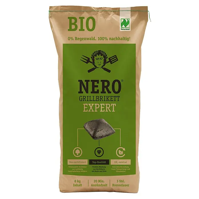 Nero Grillbriketts - 8 kg - Eine Packung NERO Grillbrikett Expert, Bio-zertifiziert und CO2-neutral, mit 8 kg Inhalt für nachhaltiges Grillen.