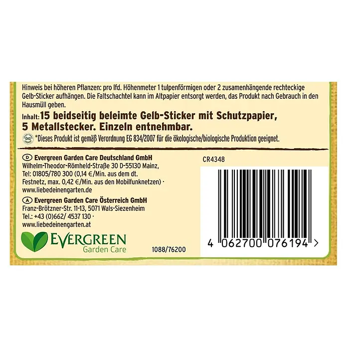 Substral Naturen Gelbtafeln Bio - 15 Stk. - Auf dem Produktbild sind Gelb-Sticker mit Schutzpapier und Metallstecker von Evergreen Garden Care abgebildet.