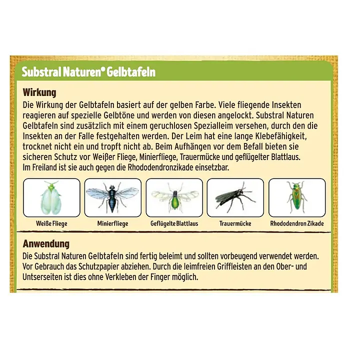 Substral Naturen Gelbtafeln - 7 Stk. - Informationstafel über Substral Naturen Gelbtafeln zur Schädlingsbekämpfung, mit Hinweisen zu Wirkung und Anwendung.