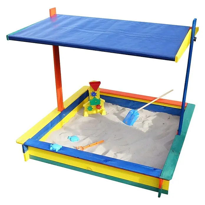 Promadino Sandkasten Nadine140 x 140 x 13 cm, Kiefer, Höhenverstellbares Dach - Bunter Sandkasten mit Sonnenschutzdach und Spielzeug. Ideal für stundenlangen Spielspaß im Garten oder auf der Terrasse.