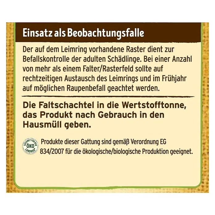 Substral Naturen Leimring - 2,5 m - Aufdruck auf einem Schädlingsbekämpfungsmittel, der Anweisungen zur Verwendung und Entsorgung des Produkts gibt.
