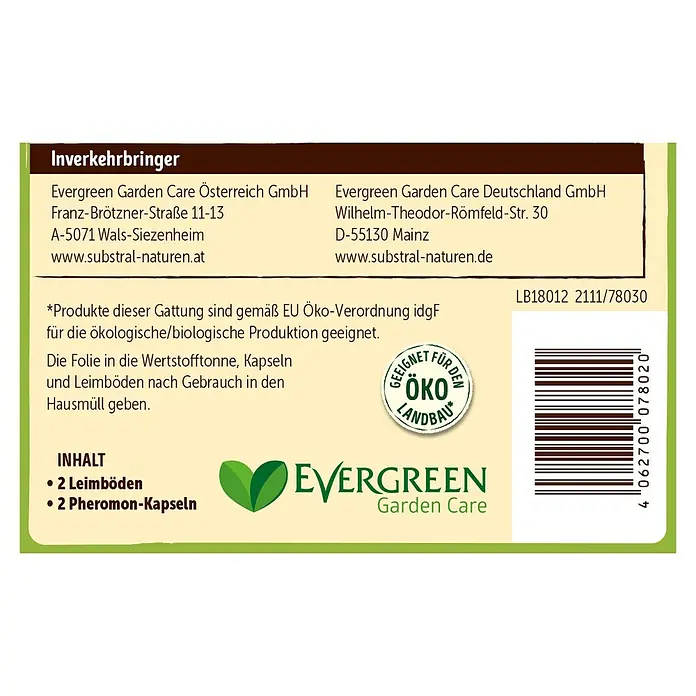 Substral Naturen Obstmadenfalle-Nachrüst-Set - 2 Stk. - Produktverpackung von Evergreen Garden Care mit Infos zu Inverkehrbringer, Öko-Eignung, Inhalt und Barcode.