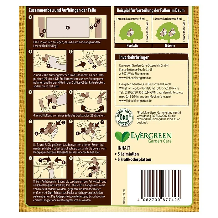 Substral Naturen Fliegenfalle3 Stk. - Anleitung zum Zusammenbauen und Aufhängen der Evergreen Gartenfalle mit Klebeflächen und Fraßköderplatten zur Schädlingsbekämpfung.