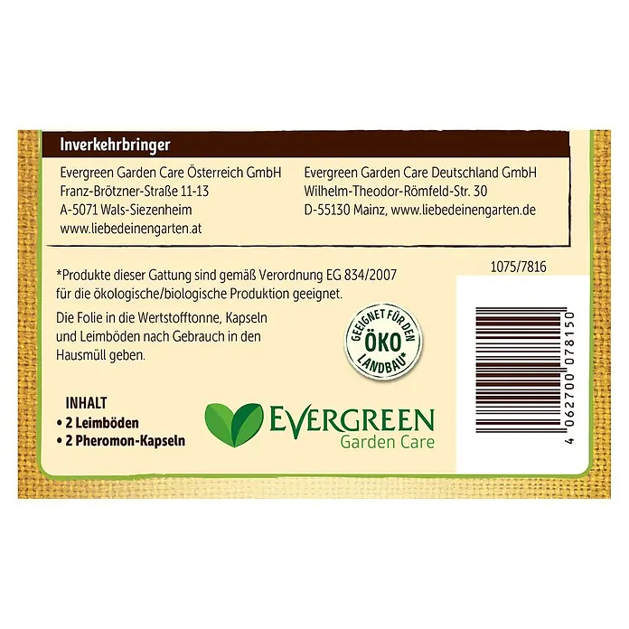 Substral Naturen Pflaumenmadenfalle-Nachrüst-Set - 2 Stk. - Produktverpackung von Evergreen Garden Care mit Herstellerinformationen, Öko-Landbau-Siegel und Barcode.