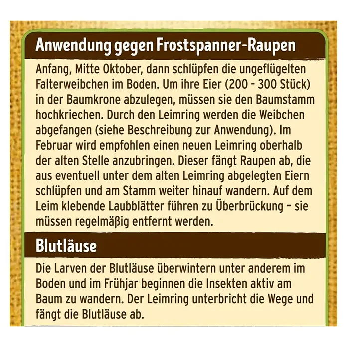 Substral Naturen Leimring - 2,5 m - Informationstext über die Anwendung gegen Frostspanner-Raupen und Blutläuse, mit Tipps zur Bekämpfung und Vorbeugung.