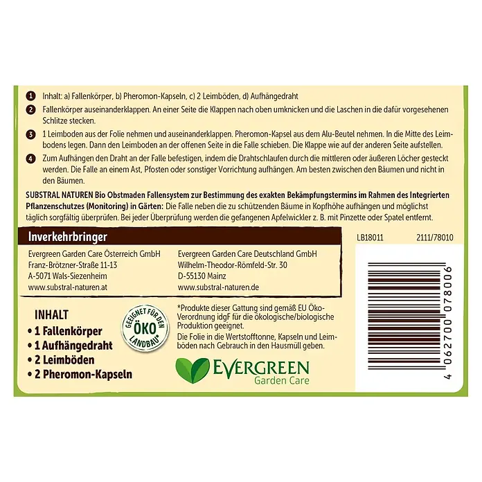 Substral Naturen Obstmaden-Falle - 1 Stk. - Abbildung der Packungsrückseite des Substral Naturen Bio Obstmaden Fallensystems mit Montageanleitung und Inhaltsangabe.
