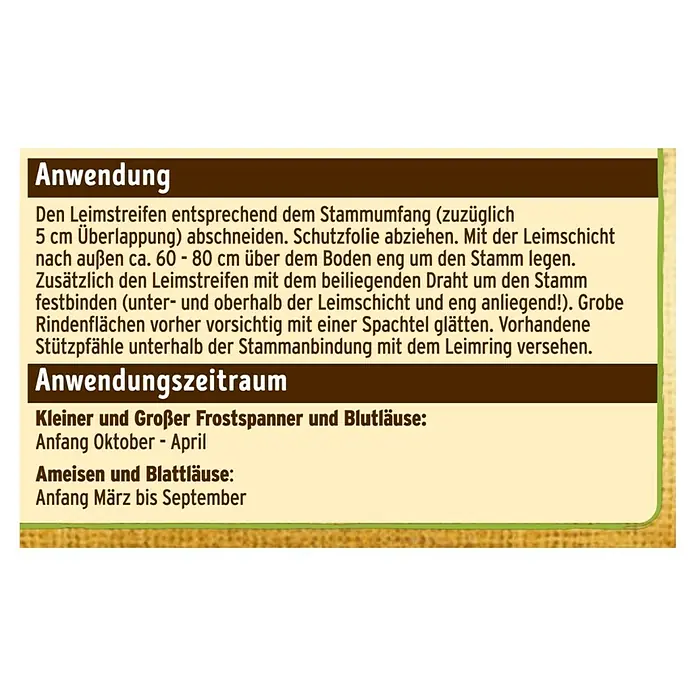 Substral Naturen Leimring - 2,5 m - Anleitung zur Verwendung eines Leimstreifens zum Schutz von Bäumen vor Schädlingen, mit Angaben zum Anwendungszeitraum.