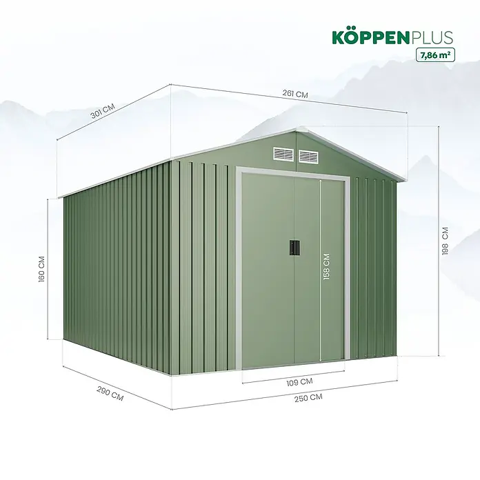 Hoggar Gerätehaus Köppen Plus - Außenmaß inkl. Dachüberstand (B x T): 261 x 301 cm, Grün, Stahl, Grundfläche: 7,86 m² - Abbildung eines grünen KöppenPLUS Gartenhauses mit Größenangaben zur besseren Orientierung beim Kauf.