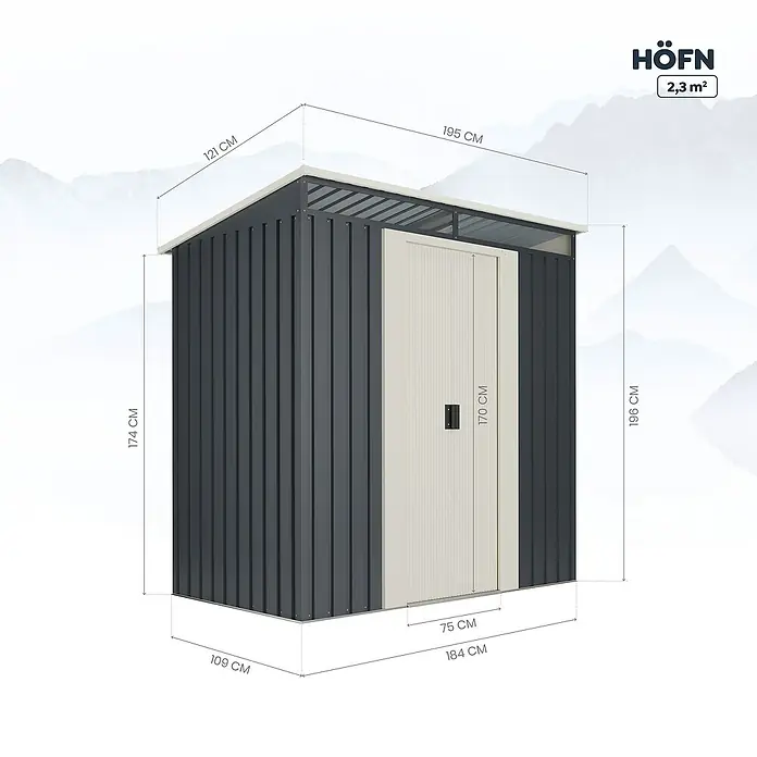 Hoggar Gerätehaus Hofn - Außenmaß inkl. Dachüberstand (B x T): 195 x 121 cm, Anthrazitgrau, Stahl, Grundfläche: 2,3 m² - Darstellung eines grauen Metall-Gartenschuppens mit den Abmessungen und dem Markennamen HÖFN.