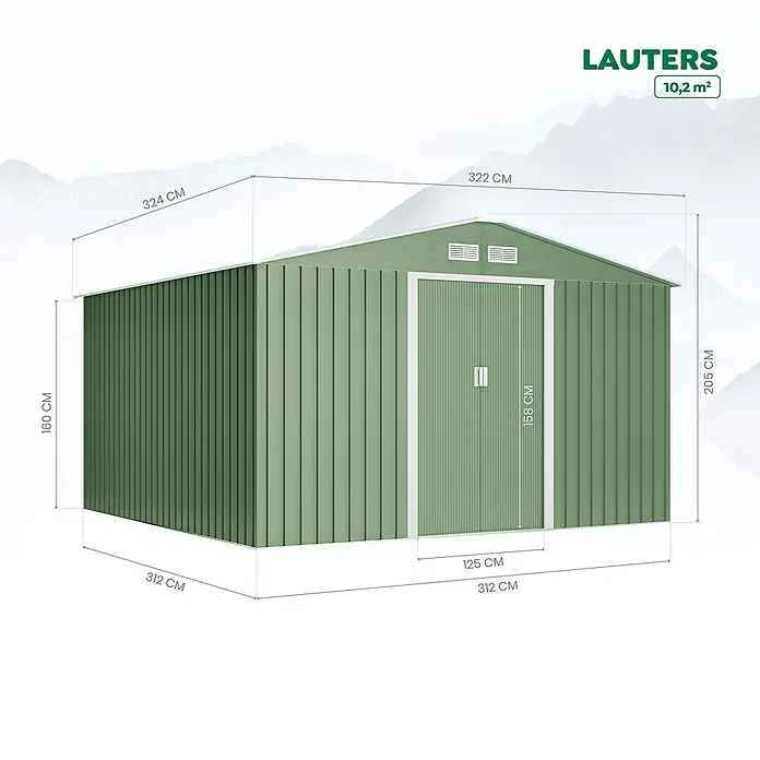 Hoggar Gerätehaus Lauters - Außenmaß inkl. Dachüberstand (B x T): 322 x 324 cm, Metall, Grün - Bild eines Gartenschuppens "LAUTERS" mit Maßangaben, der eine Lagerlösung für den Außenbereich mit einer Fläche von 10,2 m² bietet.
