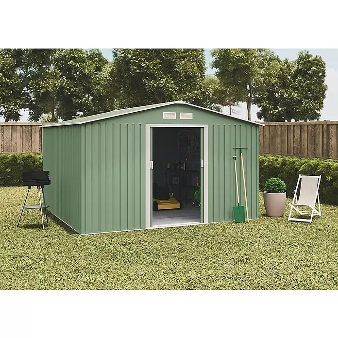 Hoggar Gerätehaus Lauters - Außenmaß inkl. Dachüberstand (B x T): 322 x 324 cm, Metall, Grün - Stimmungsaufnahme